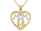 MOM Heart Pendant Necklace with 2 Kids in 14K Yellow Gold with Chain